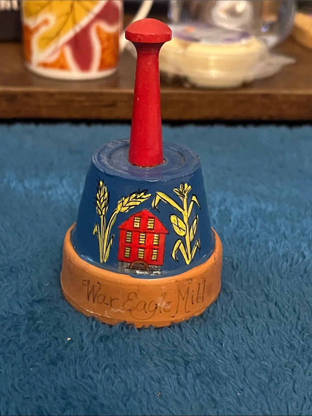 VTG Hand-Painted Blue and Red Decorative Bell - War Eagle Mill 019